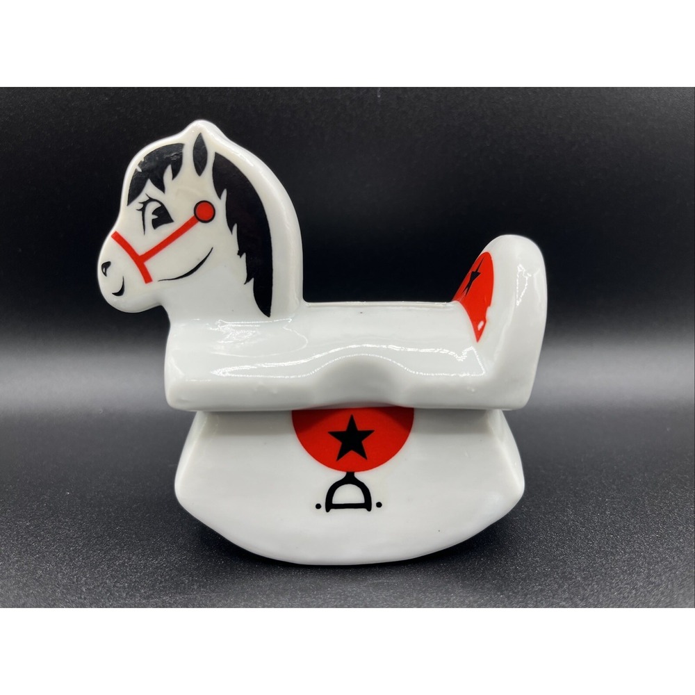 Ceramic Painted‎ Rocking Horse Coin Bank  Vintage 3.5" Small White Red Star